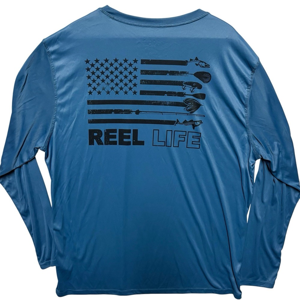 Reel Life Mens Long Sleeve Performance Fishing Shirt Navy Blue American Flag XXL